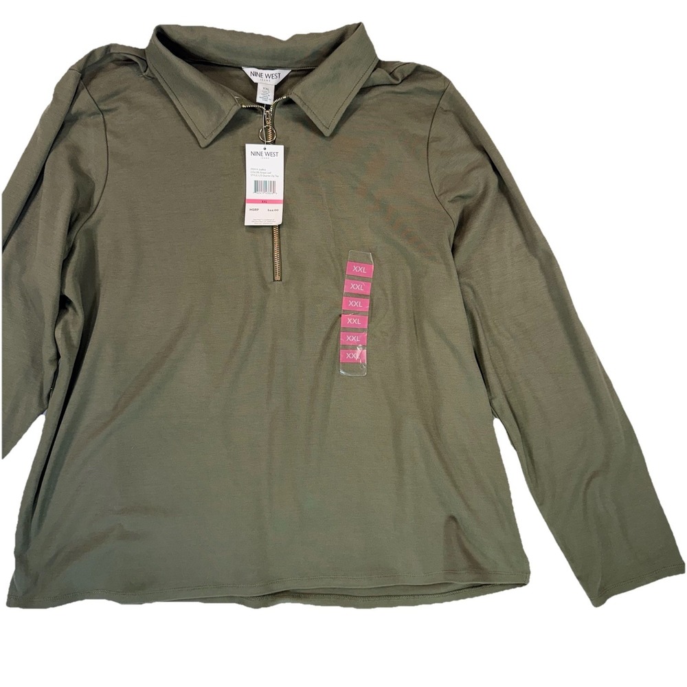 NWT Nine West Quarter Zip Top Women's XXL Olive Green Long Sleeve Stretch NEW